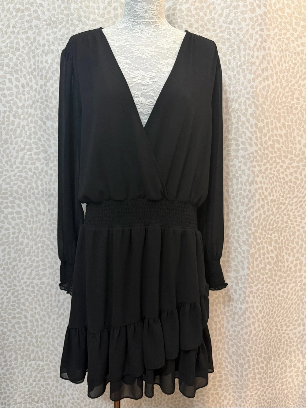 Michael Kors Women’s Black Long-Sleeve V-Neck Tiered Dress